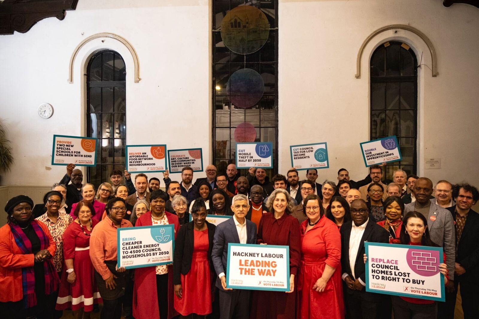 Hackney Labour candidates 2026 with Mayor of London, Sadiq Khan, Mayor Caroline Woodley and Meg Hillier MP