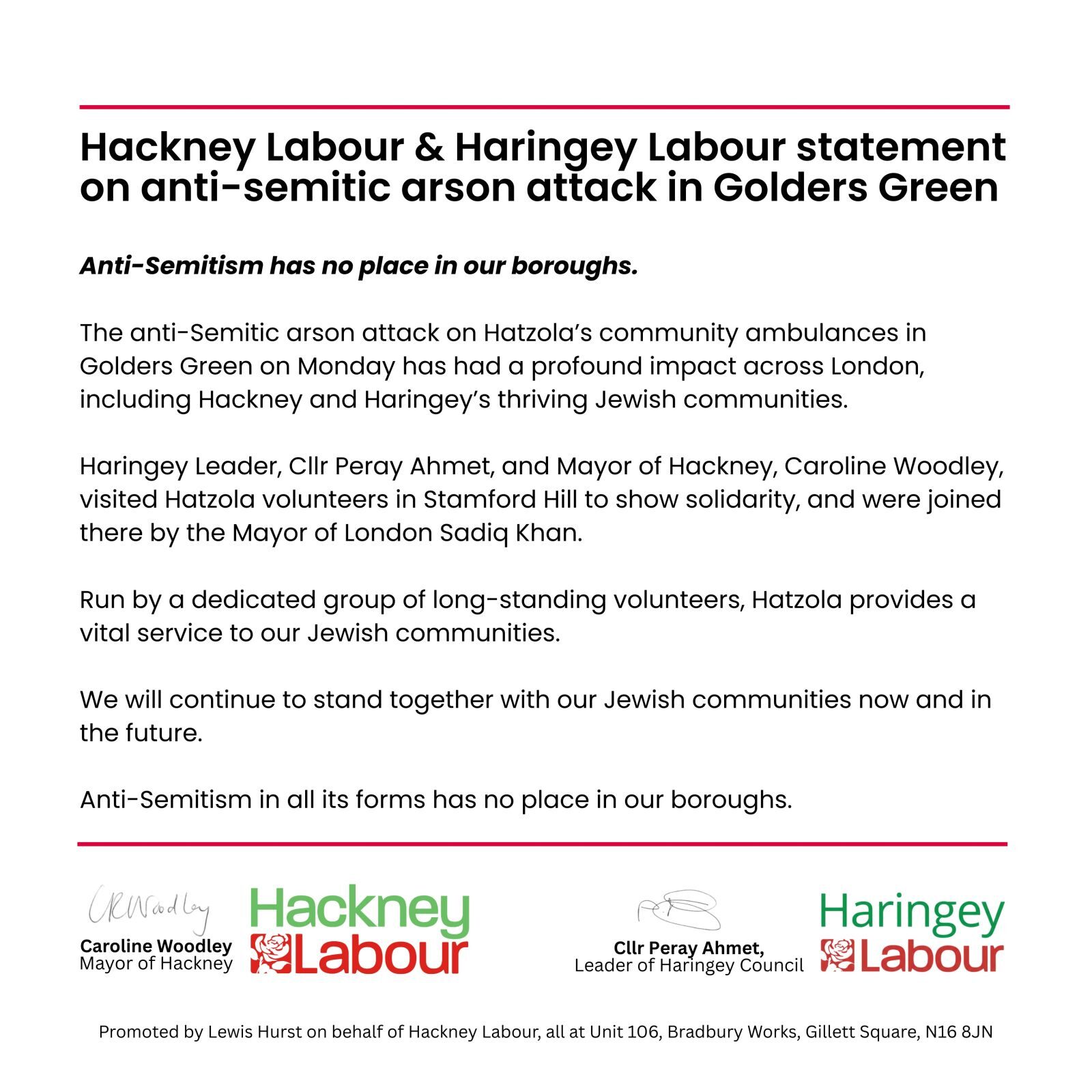 Joint statement from Mayor Caroline Woodley and Cllr Peray Ahmet 