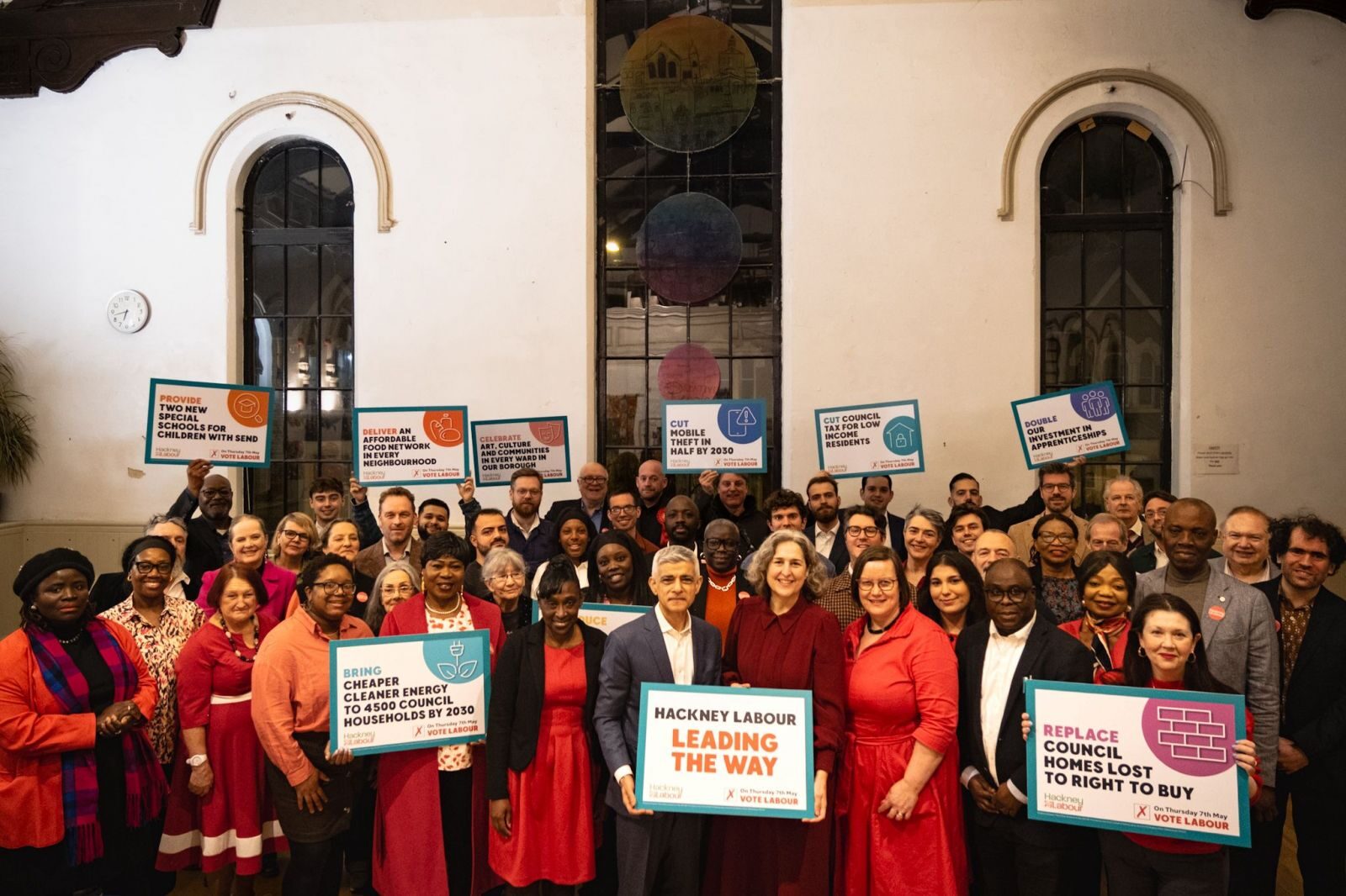 Hackney Labour candidates 2026 with Mayor of London, Sadiq Khan, Mayor Caroline Woodley and Meg Hillier MP